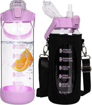 48 oz Glass Water Bottle with Straw and Time Marker, Large Motivational Borosilicate Glass Drinking Bottle with Silicone Boot and Sleeve