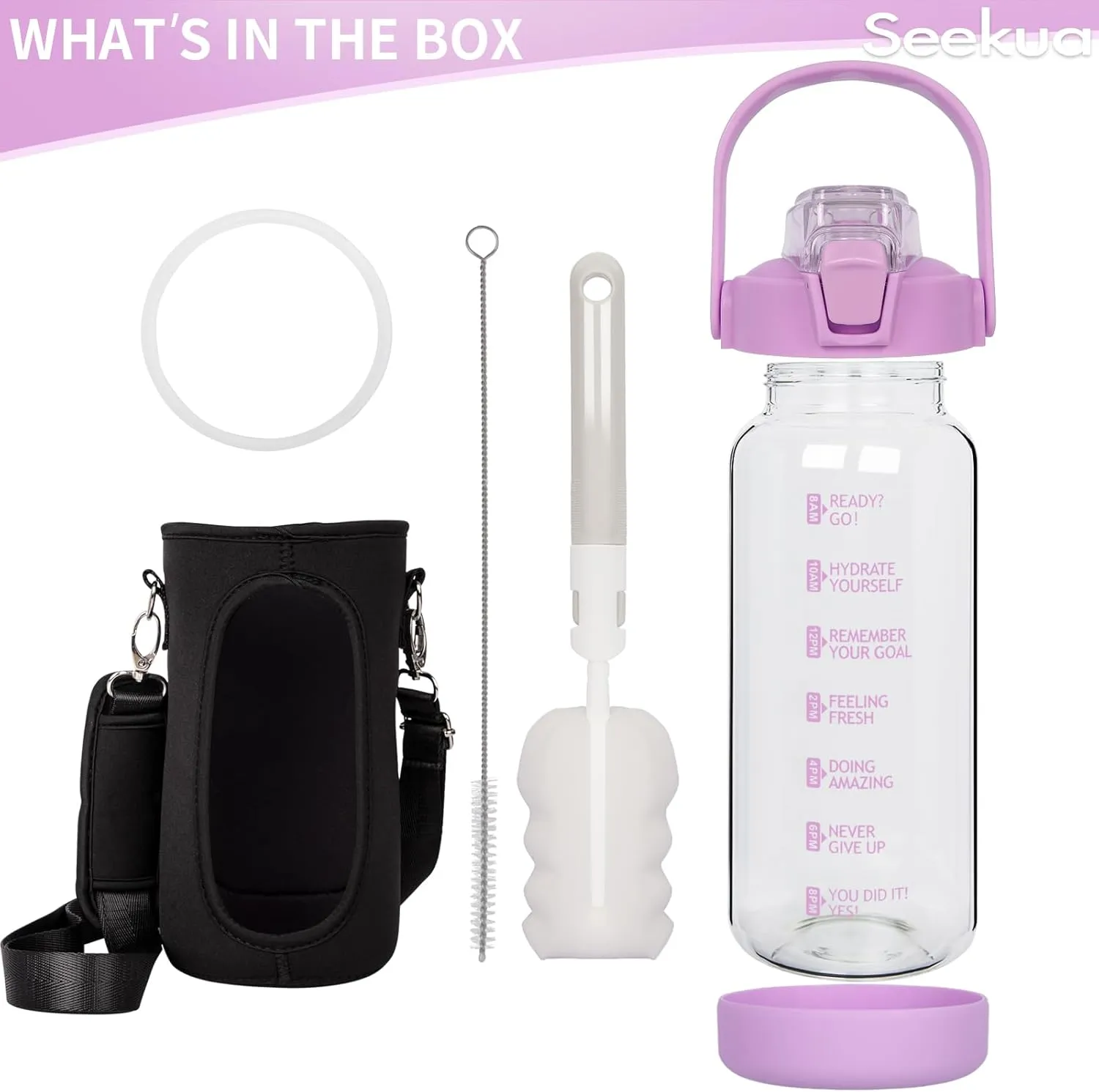 48 oz Glass Water Bottle with Straw and Time Marker, Large Motivational Borosilicate Glass Drinking Bottle with Silicone Boot and Sleeve