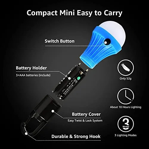 4pcs LED Camping Lantern,Camping Essentials,3 Lighting Modes,Hanging Tent Light Bulbs w/ Clip Hook