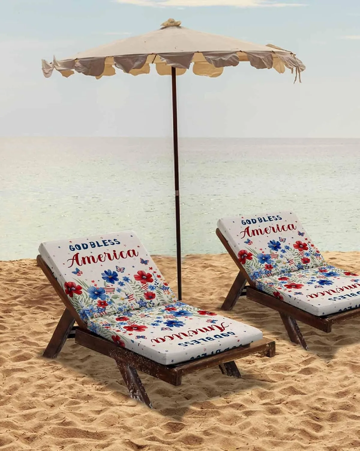 4th of July Outdoor Cushion Chair Cover Set of 2 - Waterproof Couch Seat Covers, Independence Day Red Blue Floral Rustic Patio Furniture Protector Cushions Slipcovers for Sofa/RV, 22"x22"x4"