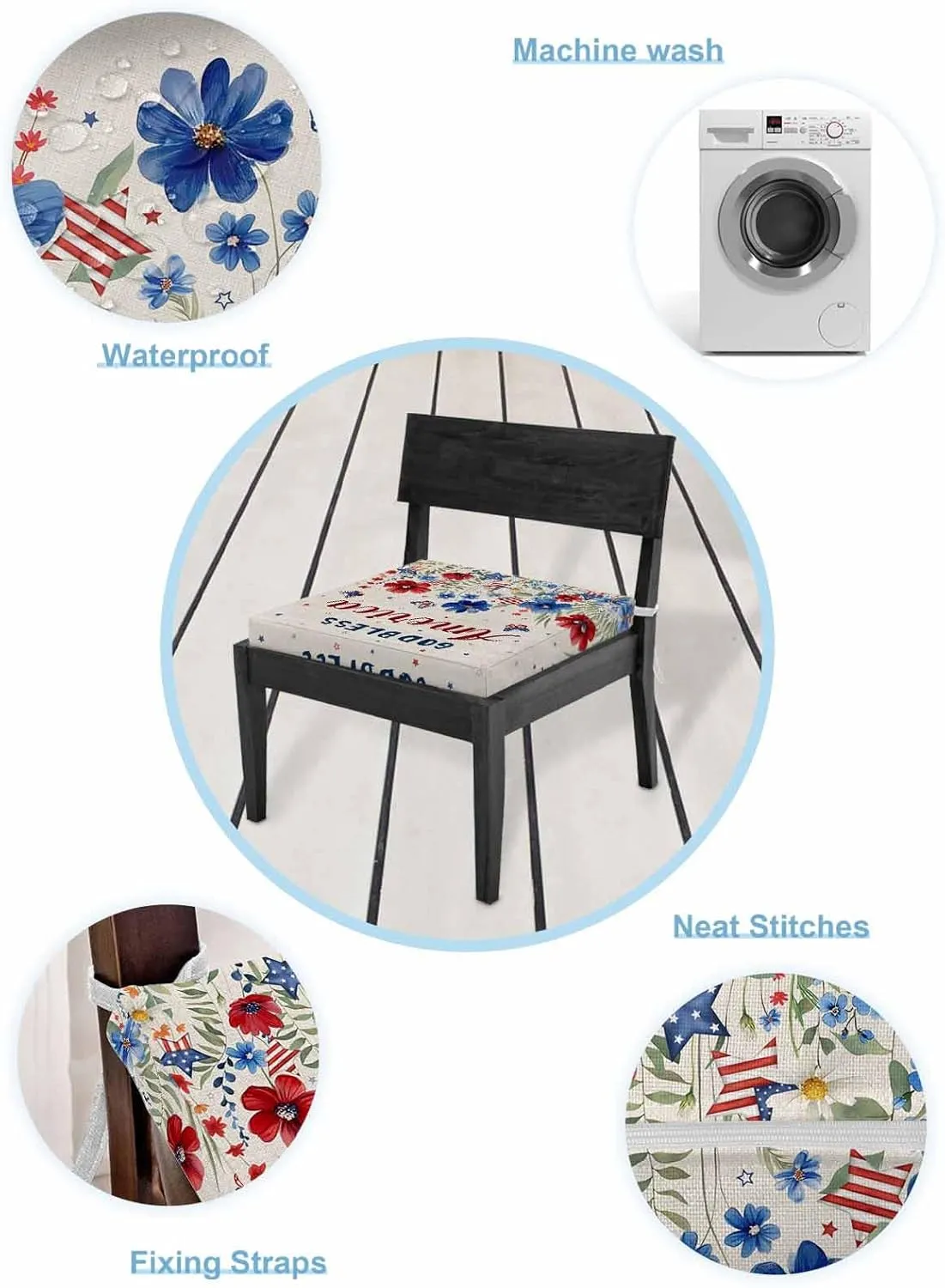 4th of July Outdoor Cushion Chair Cover Set of 2 - Waterproof Couch Seat Covers, Independence Day Red Blue Floral Rustic Patio Furniture Protector Cushions Slipcovers for Sofa/RV, 22"x22"x4"
