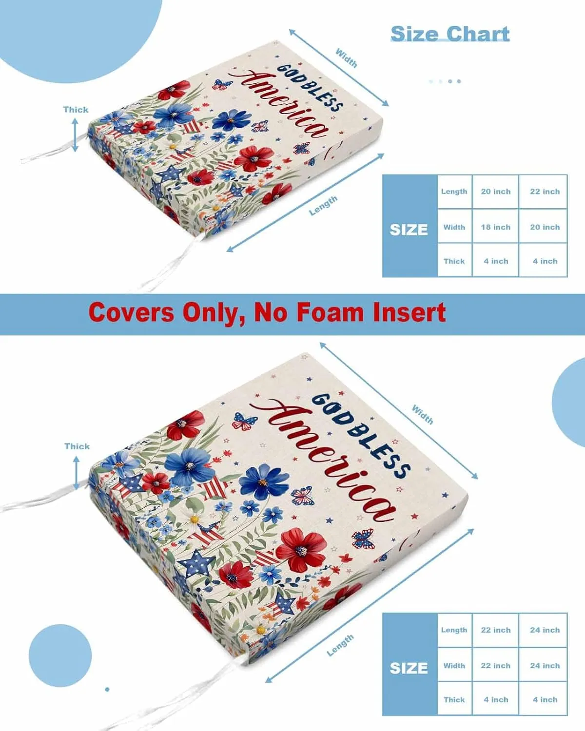 4th of July Outdoor Cushion Chair Cover Set of 2 - Waterproof Couch Seat Covers, Independence Day Red Blue Floral Rustic Patio Furniture Protector Cushions Slipcovers for Sofa/RV, 22"x22"x4"