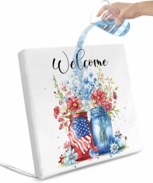 4th of July Outdoor Cushion Chair Cover Set of 4 - Waterproof Couch Seat Covers, Independence Day Spring Floral American Flag Patio Furniture Protector Cushions Slipcovers for Sofa/RV, 22"x20"x4"