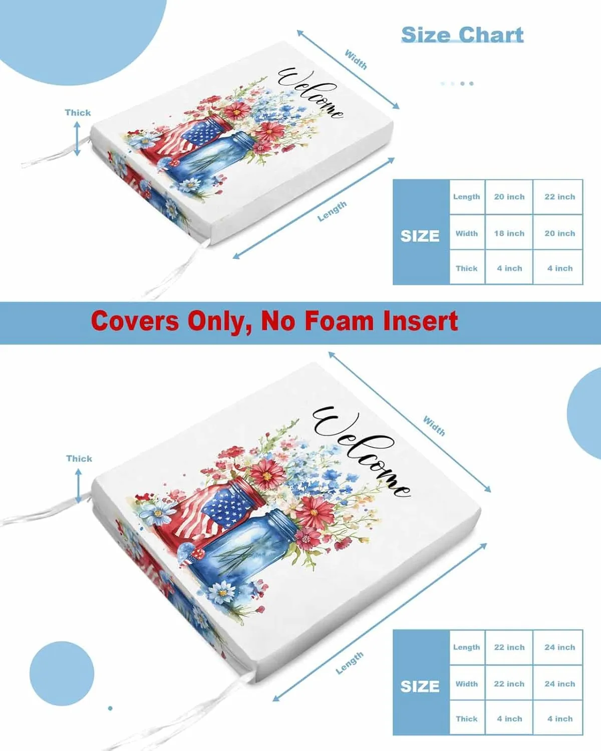4th of July Outdoor Cushion Chair Cover Set of 4 - Waterproof Couch Seat Covers, Independence Day Spring Floral American Flag Patio Furniture Protector Cushions Slipcovers for Sofa/RV, 22"x20"x4"