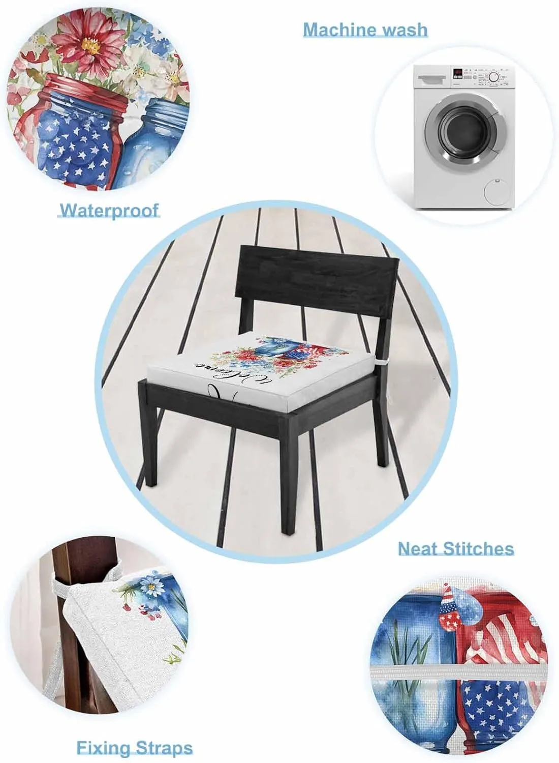 4th of July Outdoor Cushion Chair Cover Set of 4 - Waterproof Couch Seat Covers, Independence Day Spring Floral American Flag Patio Furniture Protector Cushions Slipcovers for Sofa/RV, 22"x20"x4"