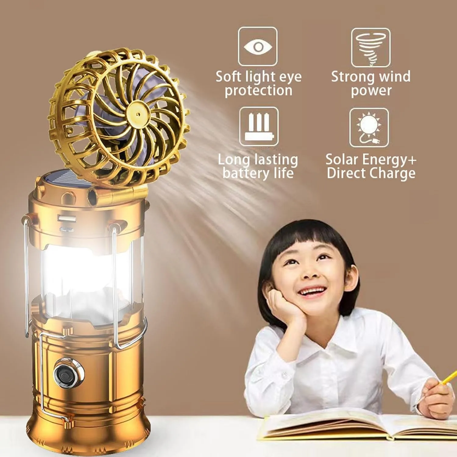 5-in-1 Portable LED Camping Lantern with Fan, Solar/USB Rechargeable, Light Power Outages & Phone Charger, Lightweight ABS for Tent, Hiking, Emergency Survival Gear Essentials (Silver, 17.7X10X7.7cm)