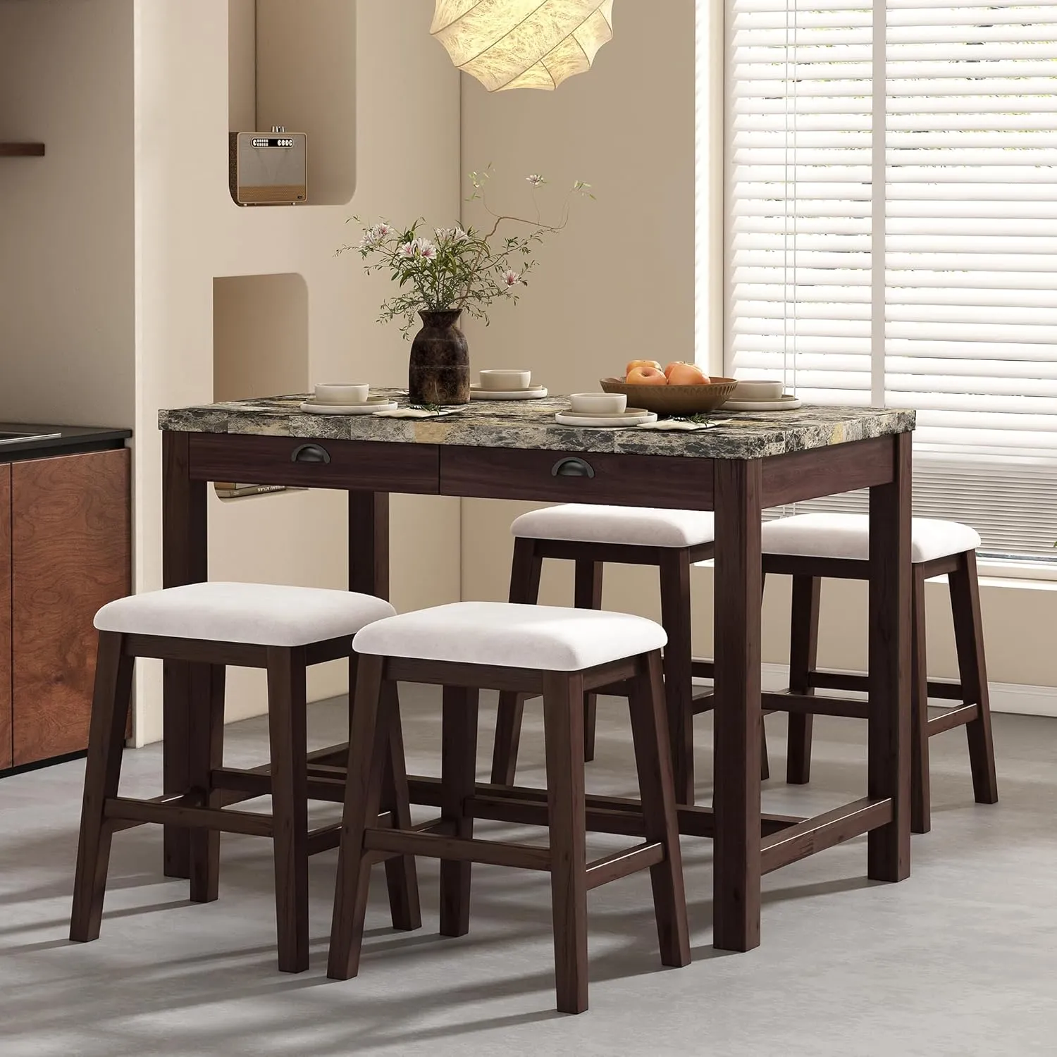 5 Piece Counter Height Dining Table Set, Modern Faux Marble Versatile Bar Table Set with Storage Drawers and 4 Padded Stools, Wooden Home Bar Table Set for 4, Space-Saving (Walnut-4 Stool)