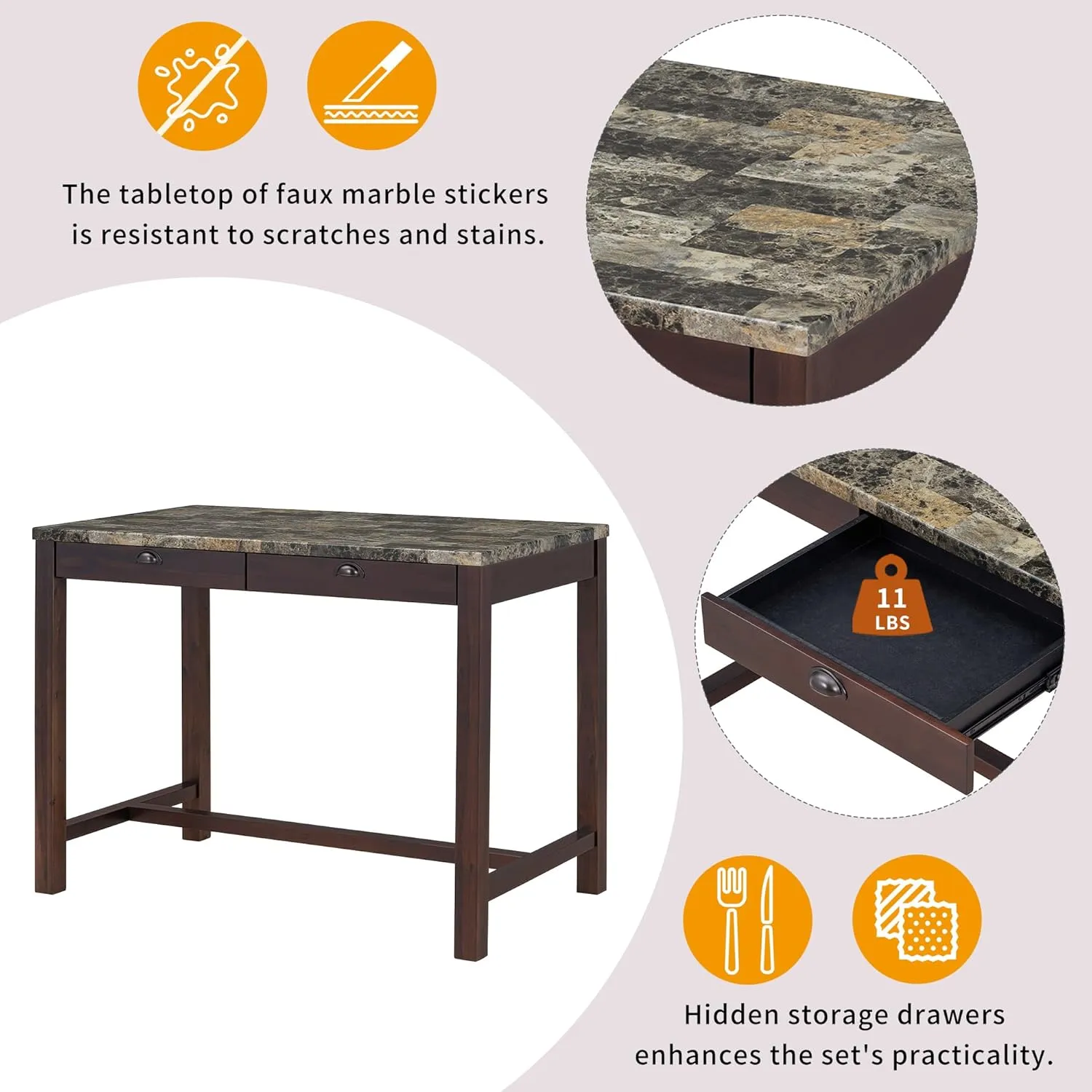 5 Piece Counter Height Dining Table Set, Modern Faux Marble Versatile Bar Table Set with Storage Drawers and 4 Padded Stools, Wooden Home Bar Table Set for 4, Space-Saving (Walnut-4 Stool)
