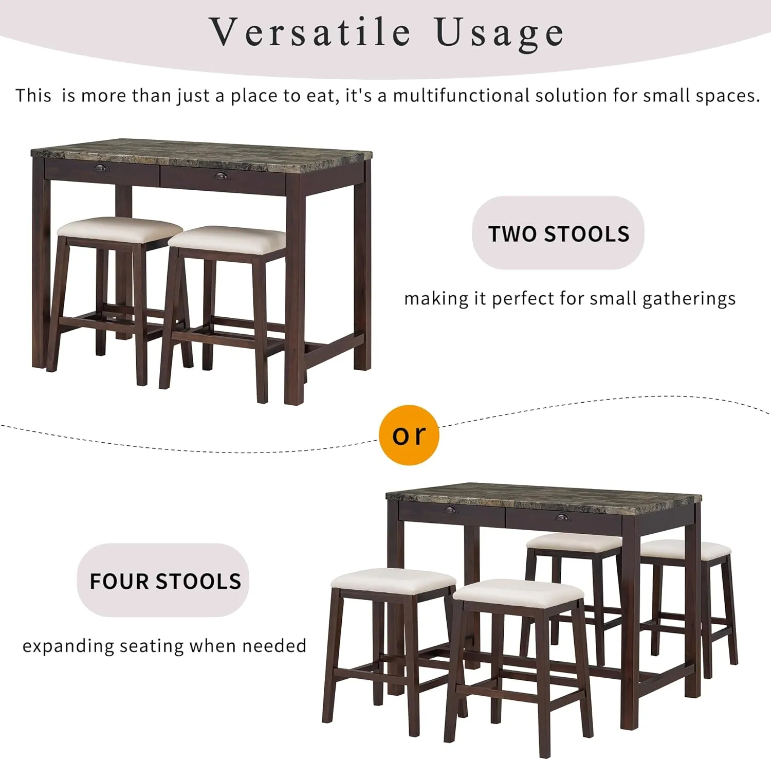 5 Piece Counter Height Dining Table Set, Modern Faux Marble Versatile Bar Table Set with Storage Drawers and 4 Padded Stools, Wooden Home Bar Table Set for 4, Space-Saving (Walnut-4 Stool)