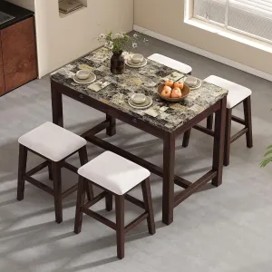 5 Piece Counter Height Dining Table Set, Modern Faux Marble Versatile Bar Table Set with Storage Drawers and 4 Padded Stools, Wooden Home Bar Table Set for 4, Space-Saving (Walnut-4 Stool)
