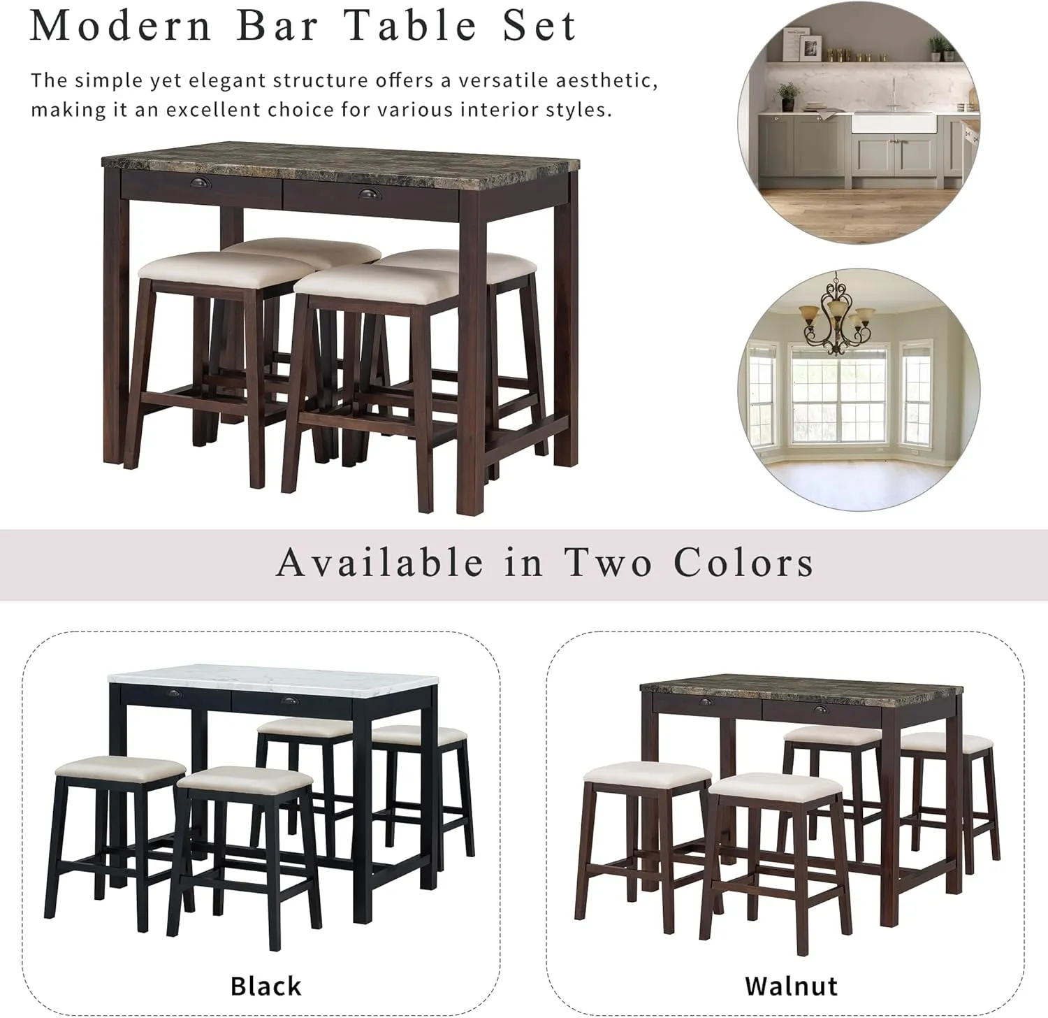 5 Piece Counter Height Dining Table Set, Modern Faux Marble Versatile Bar Table Set with Storage Drawers and 4 Padded Stools, Wooden Home Bar Table Set for 4, Space-Saving (Walnut-4 Stool)