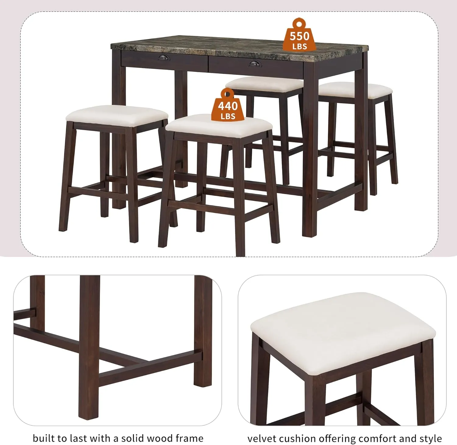 5 Piece Counter Height Dining Table Set, Modern Faux Marble Versatile Bar Table Set with Storage Drawers and 4 Padded Stools, Wooden Home Bar Table Set for 4, Space-Saving (Walnut-4 Stool)