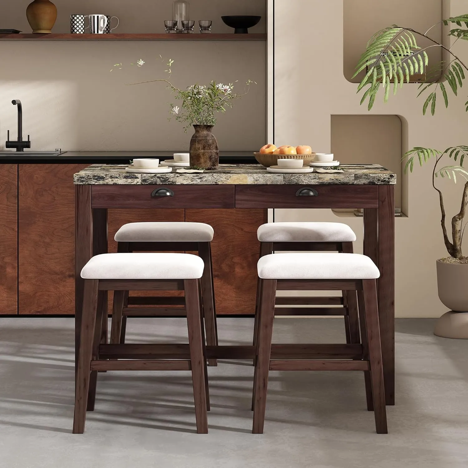 5 Piece Counter Height Dining Table Set, Modern Faux Marble Versatile Bar Table Set with Storage Drawers and 4 Padded Stools, Wooden Home Bar Table Set for 4, Space-Saving (Walnut-4 Stool)