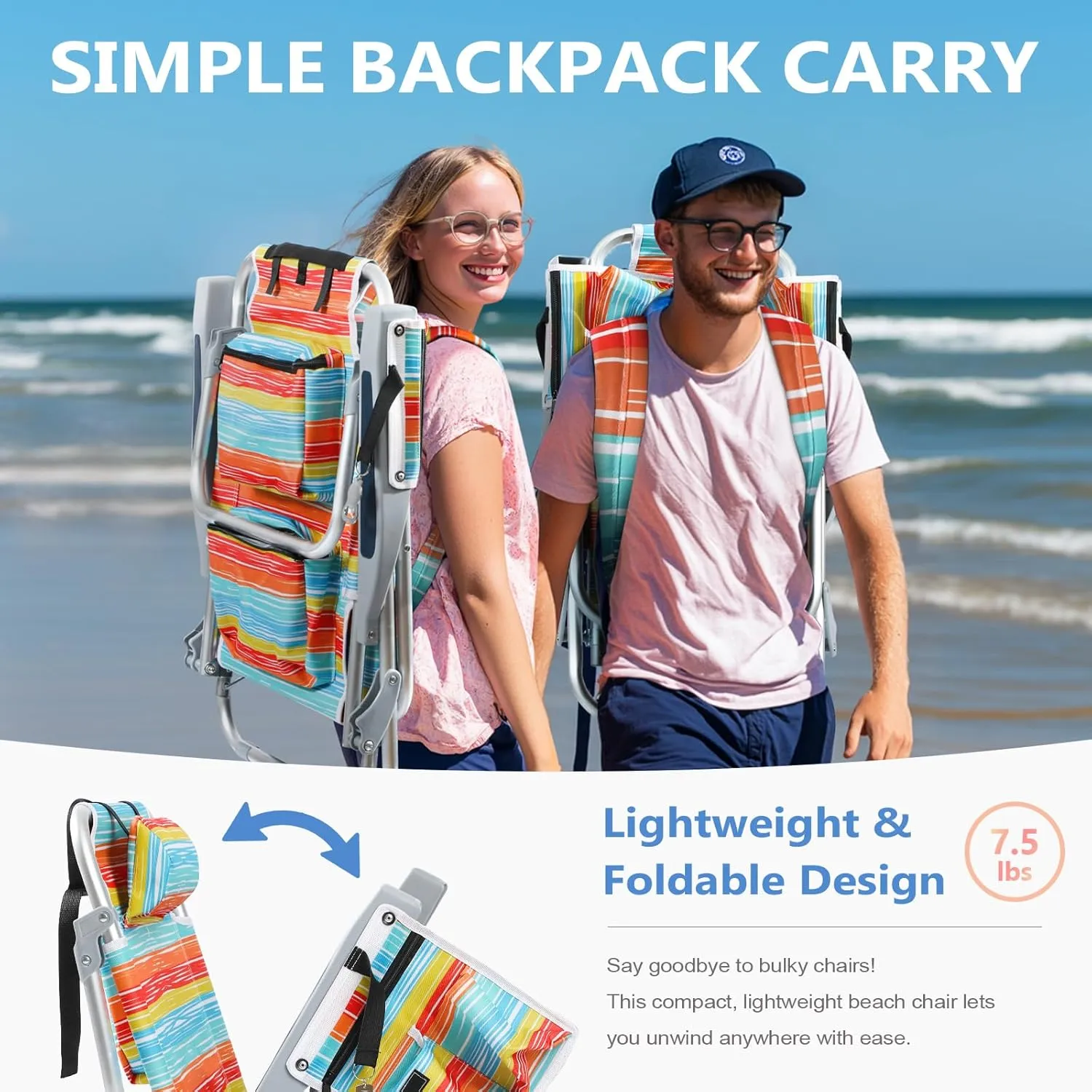 5-Position Aluminum Lay Flat Tall Backpack Beach Chairs 2 Pack, Compact Portable Beach Chairs for Adults with Cooler Pouch, Storage Pouch, Towel Bar, Cup Holder & Phone Holder, Multicolor Stripe