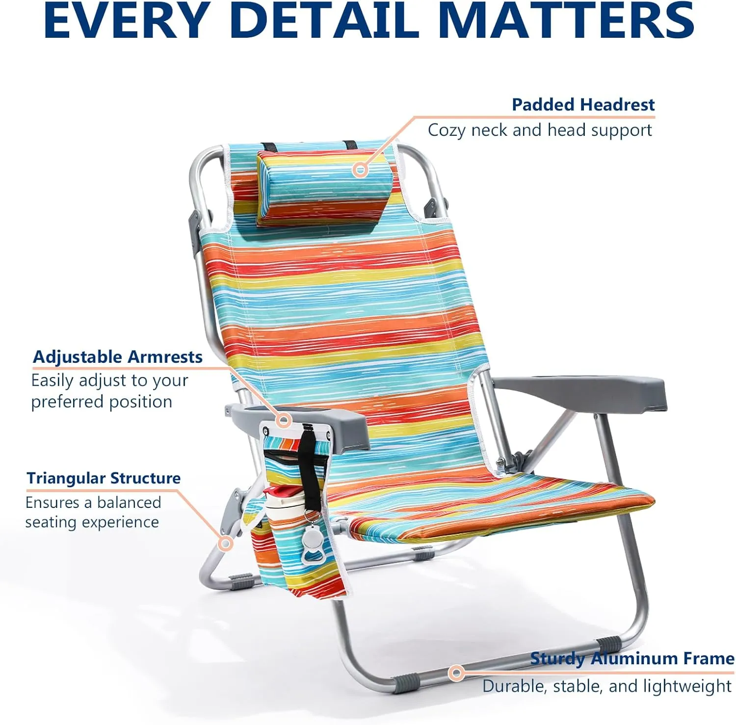5-Position Aluminum Lay Flat Tall Backpack Beach Chairs 2 Pack, Compact Portable Beach Chairs for Adults with Cooler Pouch, Storage Pouch, Towel Bar, Cup Holder & Phone Holder, Multicolor Stripe