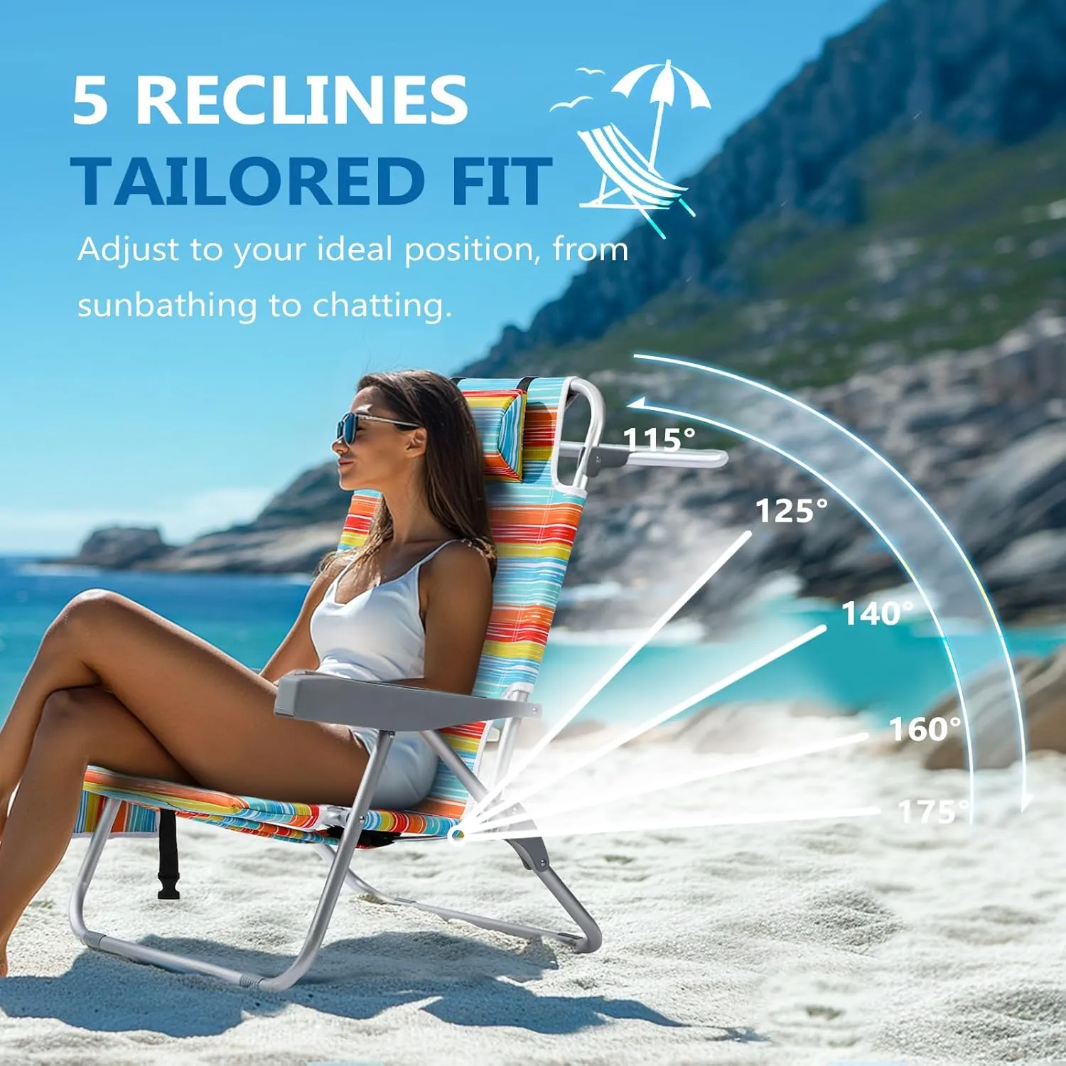 5-Position Aluminum Lay Flat Tall Backpack Beach Chairs 2 Pack, Compact Portable Beach Chairs for Adults with Cooler Pouch, Storage Pouch, Towel Bar, Cup Holder & Phone Holder, Multicolor Stripe