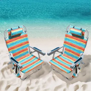 5-Position Aluminum Lay Flat Tall Backpack Beach Chairs 2 Pack, Compact Portable Beach Chairs for Adults with Cooler Pouch, Storage Pouch, Towel Bar, Cup Holder & Phone Holder, Multicolor Stripe