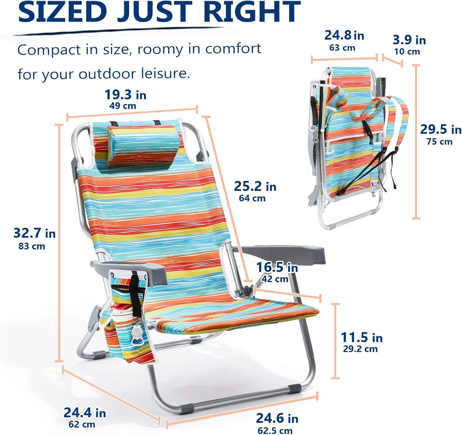 5-Position Aluminum Lay Flat Tall Backpack Beach Chairs 2 Pack, Compact Portable Beach Chairs for Adults with Cooler Pouch, Storage Pouch, Towel Bar, Cup Holder & Phone Holder, Multicolor Stripe