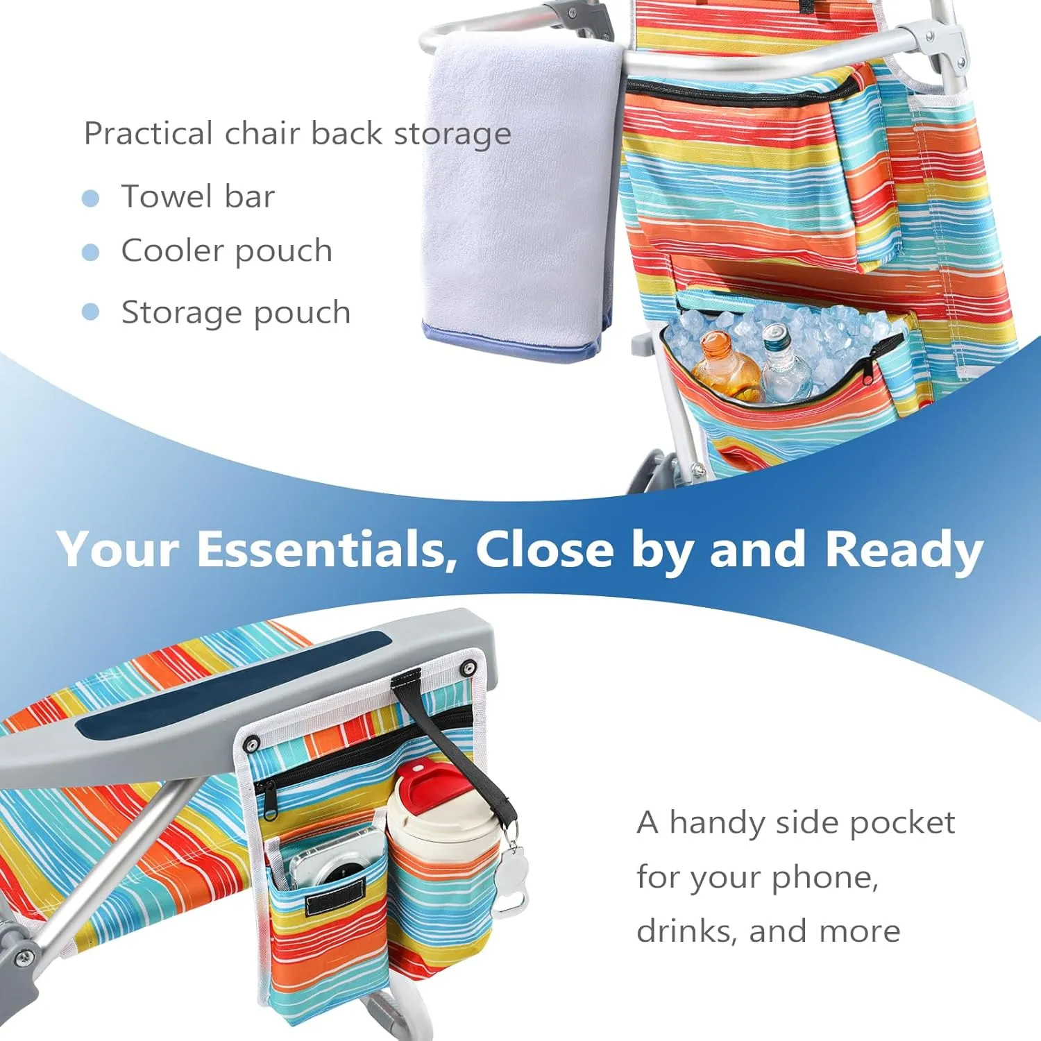5-Position Aluminum Lay Flat Tall Backpack Beach Chairs 2 Pack, Compact Portable Beach Chairs for Adults with Cooler Pouch, Storage Pouch, Towel Bar, Cup Holder & Phone Holder, Multicolor Stripe
