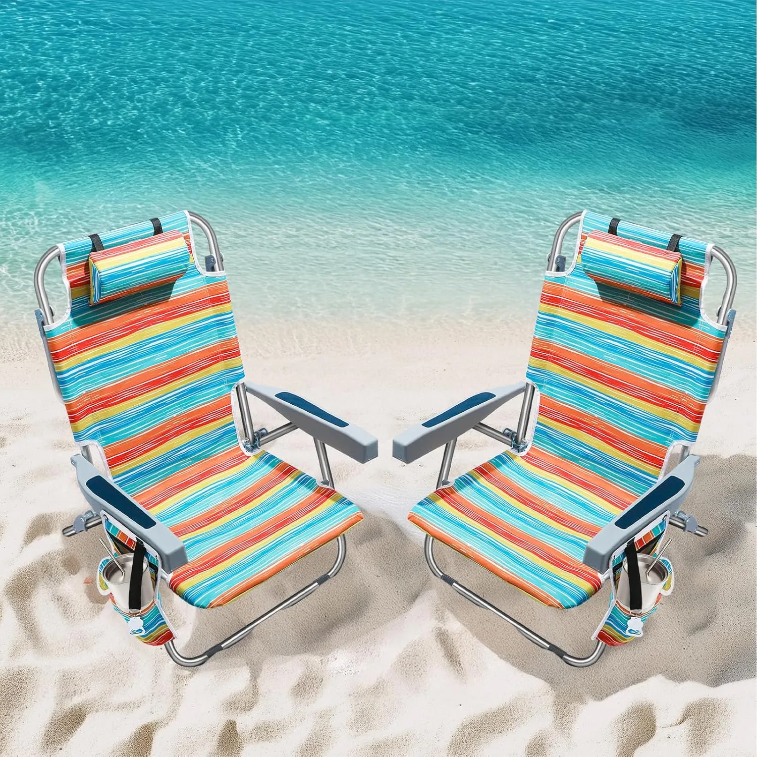 5-Position Aluminum Lay Flat Tall Backpack Beach Chairs 2 Pack, Compact Portable Beach Chairs for Adults with Cooler Pouch, Storage Pouch, Towel Bar, Cup Holder & Phone Holder, Multicolor Stripe