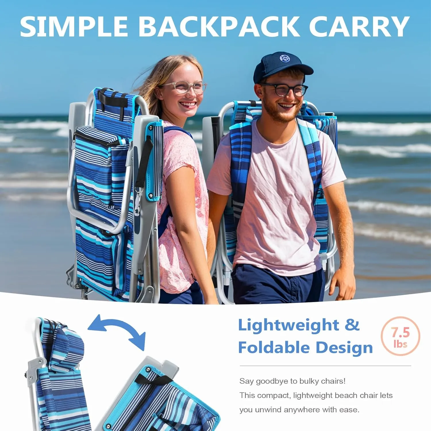 5-Position Aluminum Lay Flat Tall Beach Chair, Compact Portable Backpack Beach Chair for Adults with Cooler Pouch, Storage Pouch, Towel Bar, Cup Holder & Phone Holder, Blue Stripe