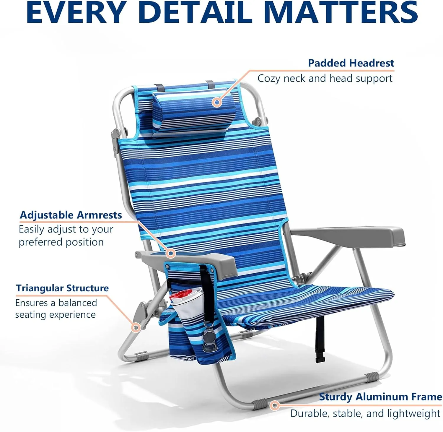 5-Position Aluminum Lay Flat Tall Beach Chair, Compact Portable Backpack Beach Chair for Adults with Cooler Pouch, Storage Pouch, Towel Bar, Cup Holder & Phone Holder, Blue Stripe