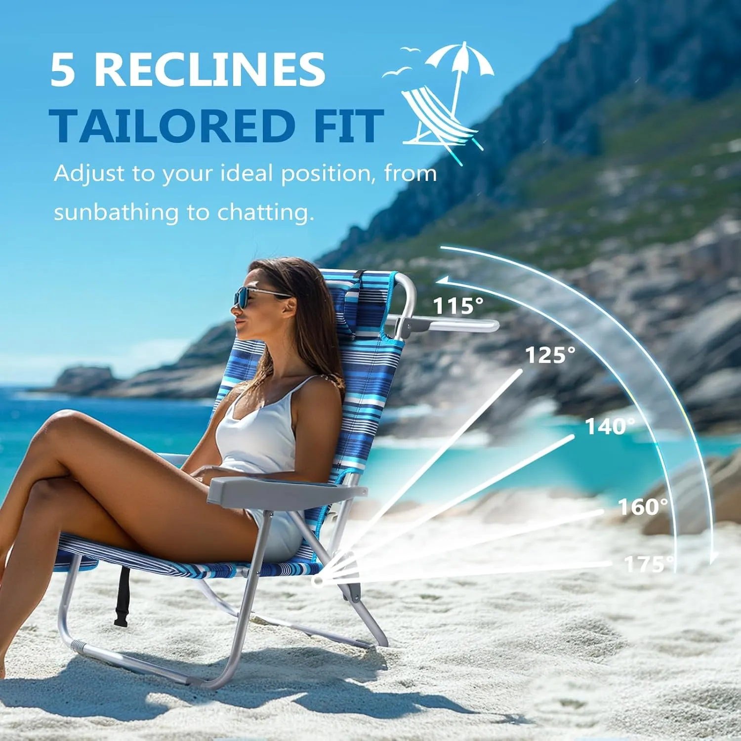5-Position Aluminum Lay Flat Tall Beach Chair, Compact Portable Backpack Beach Chair for Adults with Cooler Pouch, Storage Pouch, Towel Bar, Cup Holder & Phone Holder, Blue Stripe