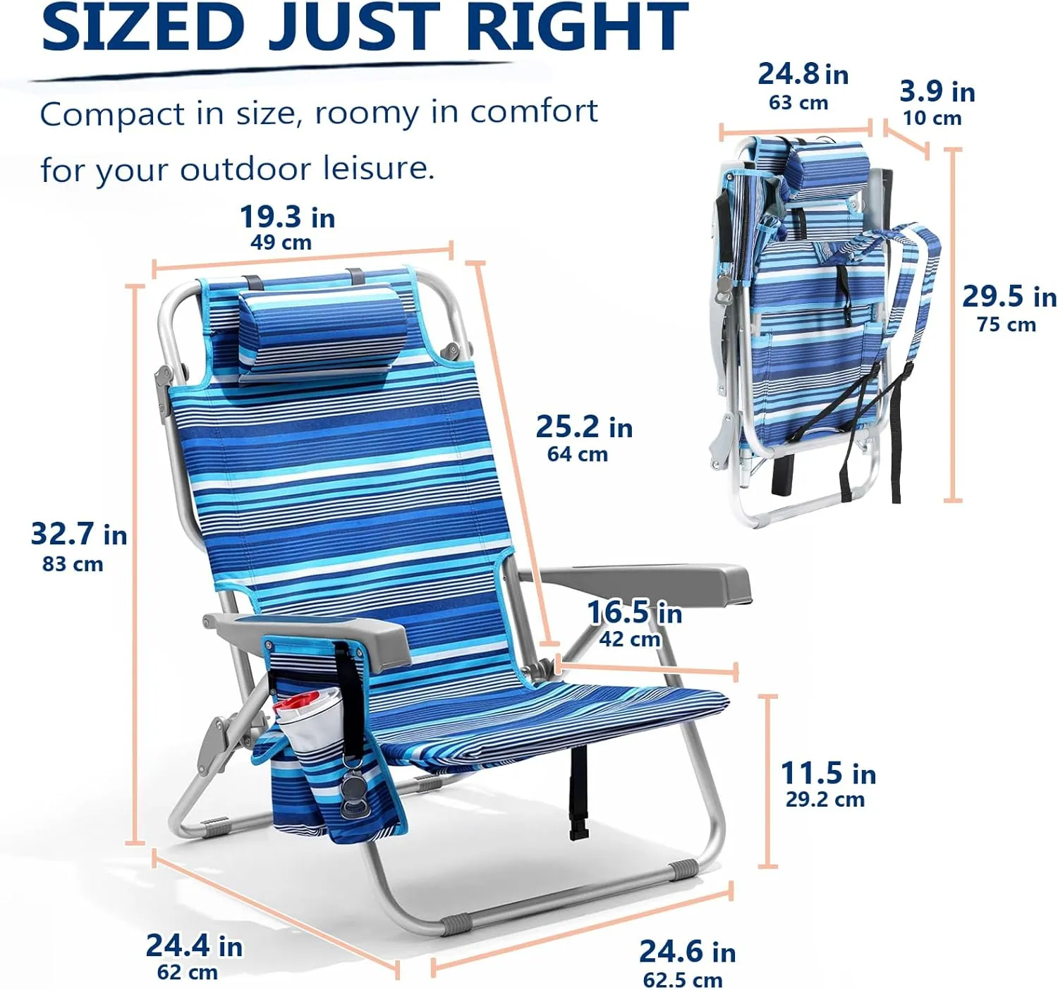 5-Position Aluminum Lay Flat Tall Beach Chair, Compact Portable Backpack Beach Chair for Adults with Cooler Pouch, Storage Pouch, Towel Bar, Cup Holder & Phone Holder, Blue Stripe