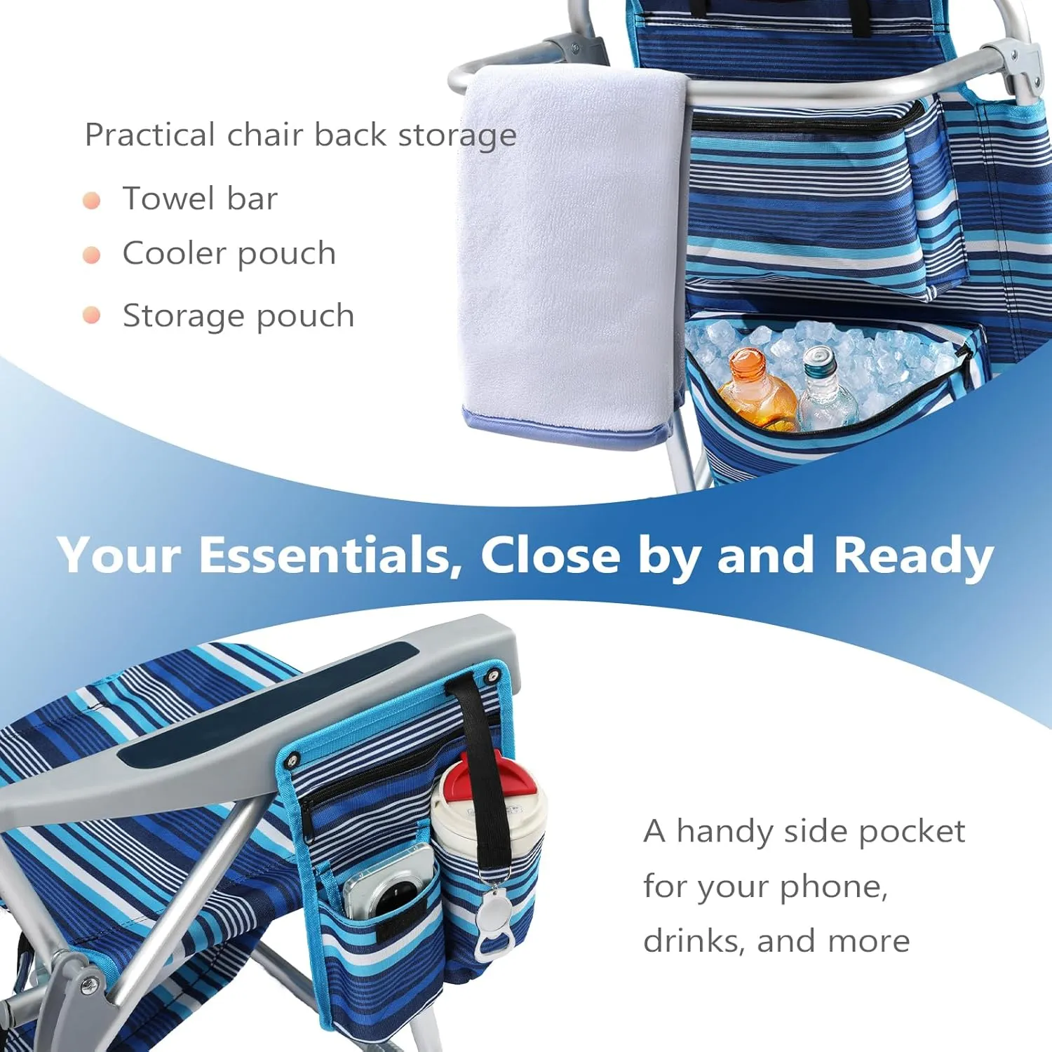 5-Position Aluminum Lay Flat Tall Beach Chair, Compact Portable Backpack Beach Chair for Adults with Cooler Pouch, Storage Pouch, Towel Bar, Cup Holder & Phone Holder, Blue Stripe