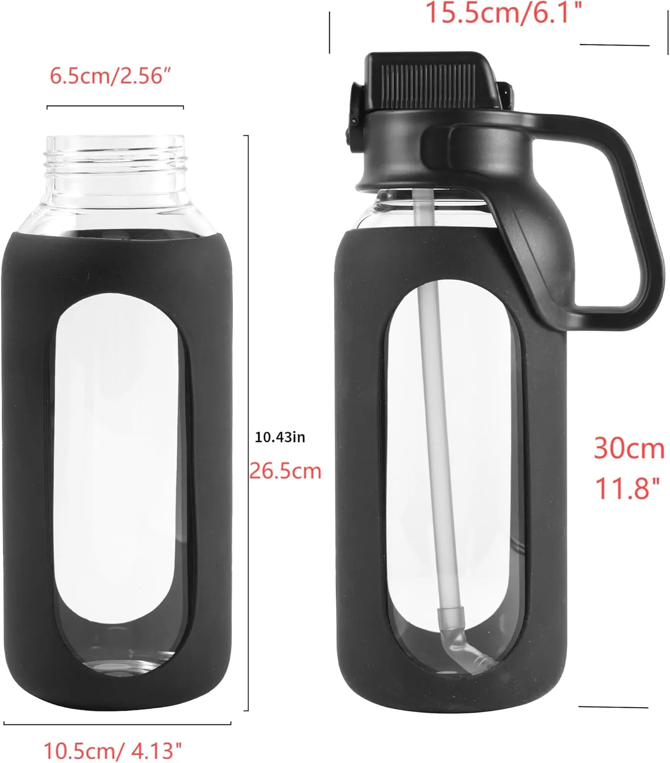 50 Oz Glass Water Bottle with Straw and Handle Wide Mouth Large Water Bottle with Silicone Sleeve for Gym Workout (50 Oz)