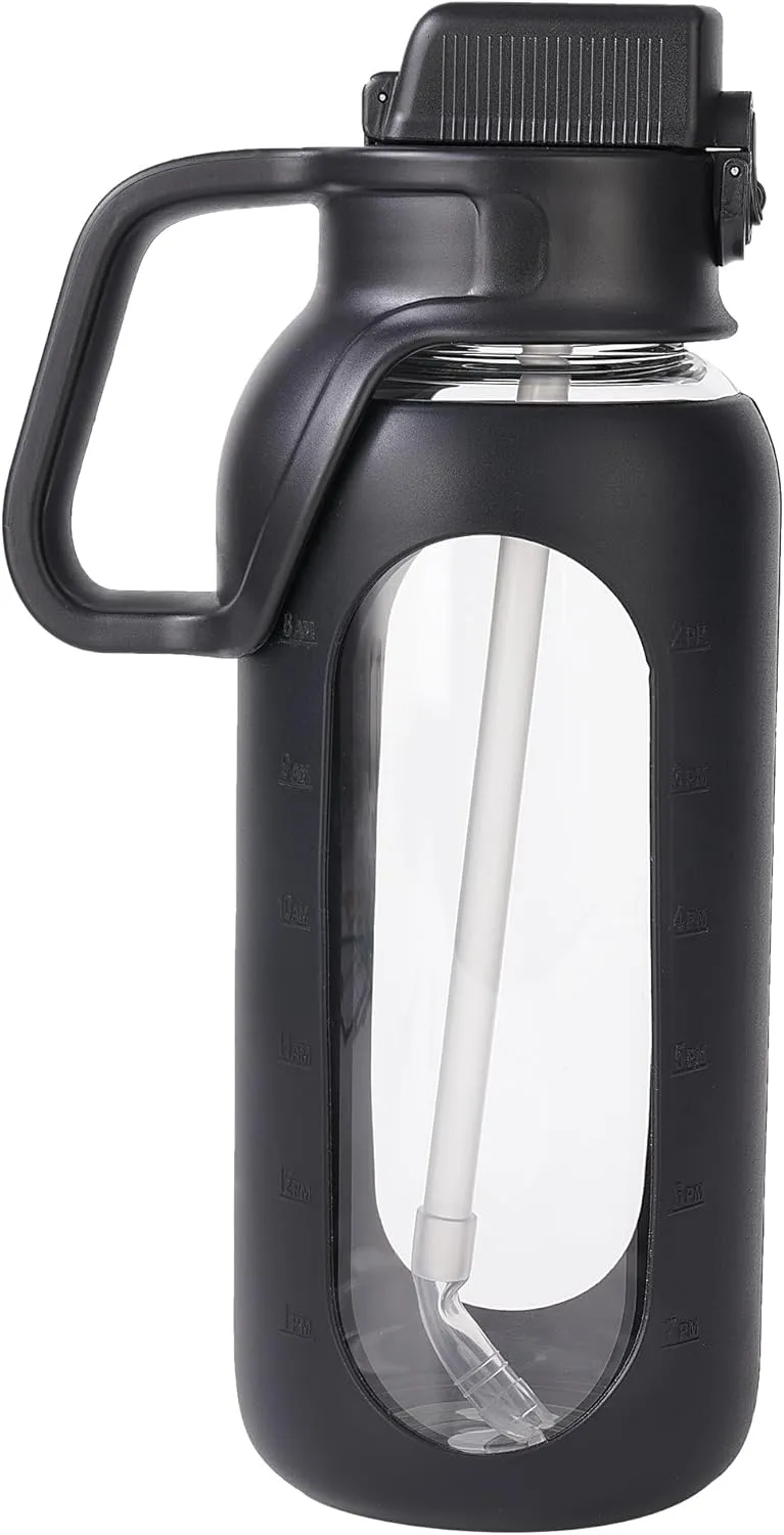 50 Oz Glass Water Bottle with Straw and Handle Wide Mouth Large Water Bottle with Silicone Sleeve for Gym Workout (50 Oz)