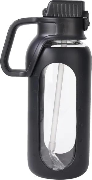 50 Oz Glass Water Bottle with Straw and Handle Wide Mouth Large Water Bottle with Silicone Sleeve for Gym Workout (50 Oz)