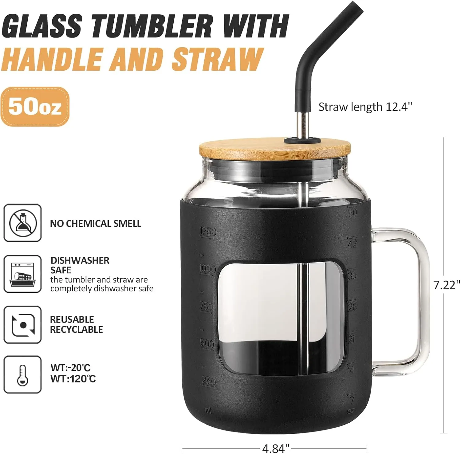 50 oz Glass Water Bottles with Silicone Sleeve,Glass Tumbler with Lid and Straw,Iced Coffee Cup with Handle,BPA Free-Black