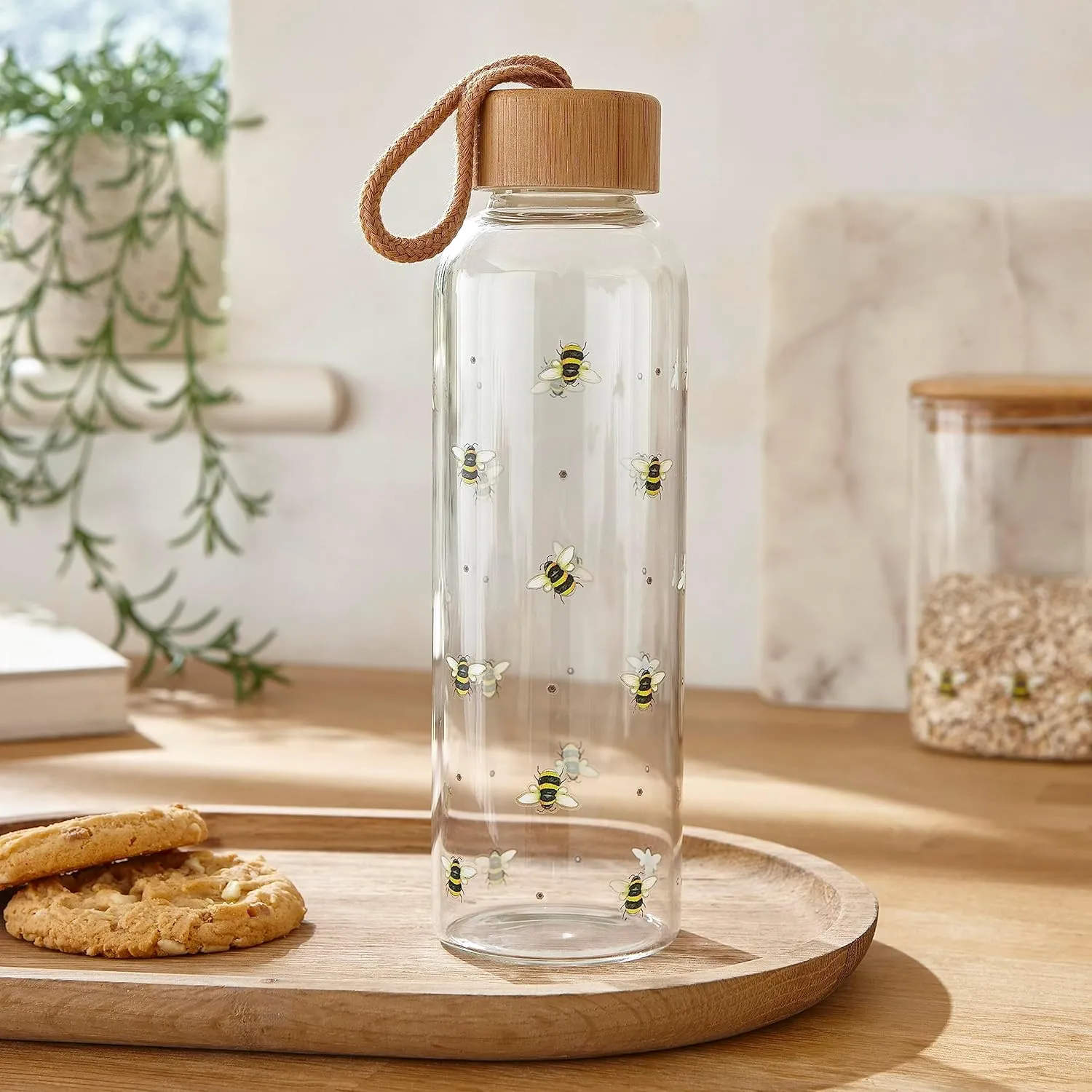 500ml Glass Water Bottle | Eco Friendly Glass Bottle With Lid & Carry Handle | Glass Bottles For Office, Sports or On The Go - Bumble Bees