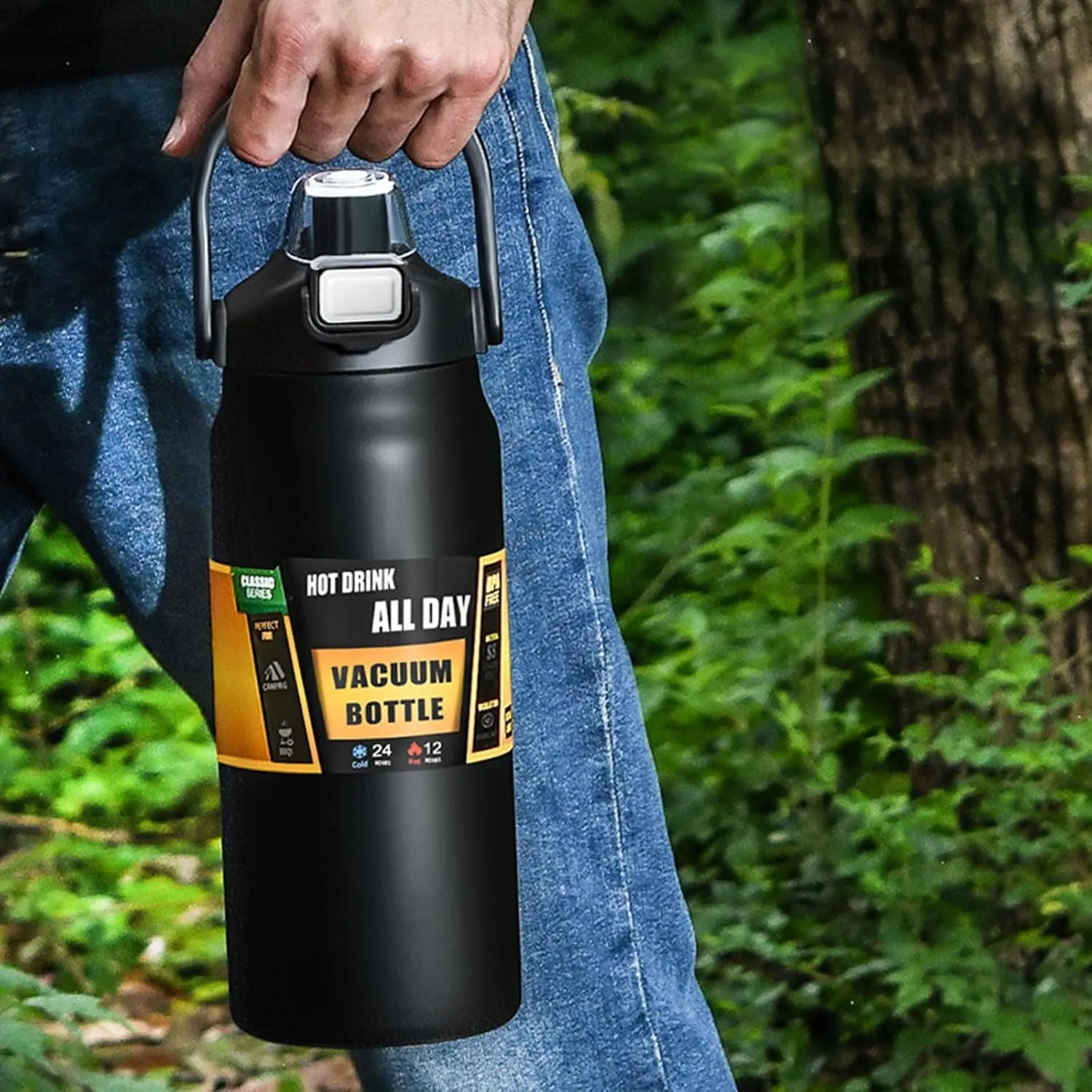 50oz /1500ml Insulated Water Bottle With Straw and Leakproof Lid, BPA Free Stainless Steel Wide Mouth Sports Water Bottle Cup With Portable Handle Double Wall Vacuum Keep Cold and Hot (black)