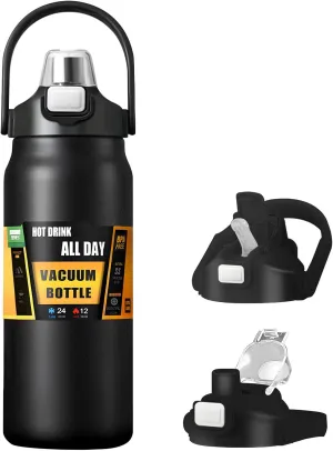 50oz /1500ml Insulated Water Bottle With Straw and Leakproof Lid, BPA Free Stainless Steel Wide Mouth Sports Water Bottle Cup With Portable Handle Double Wall Vacuum Keep Cold and Hot (black)