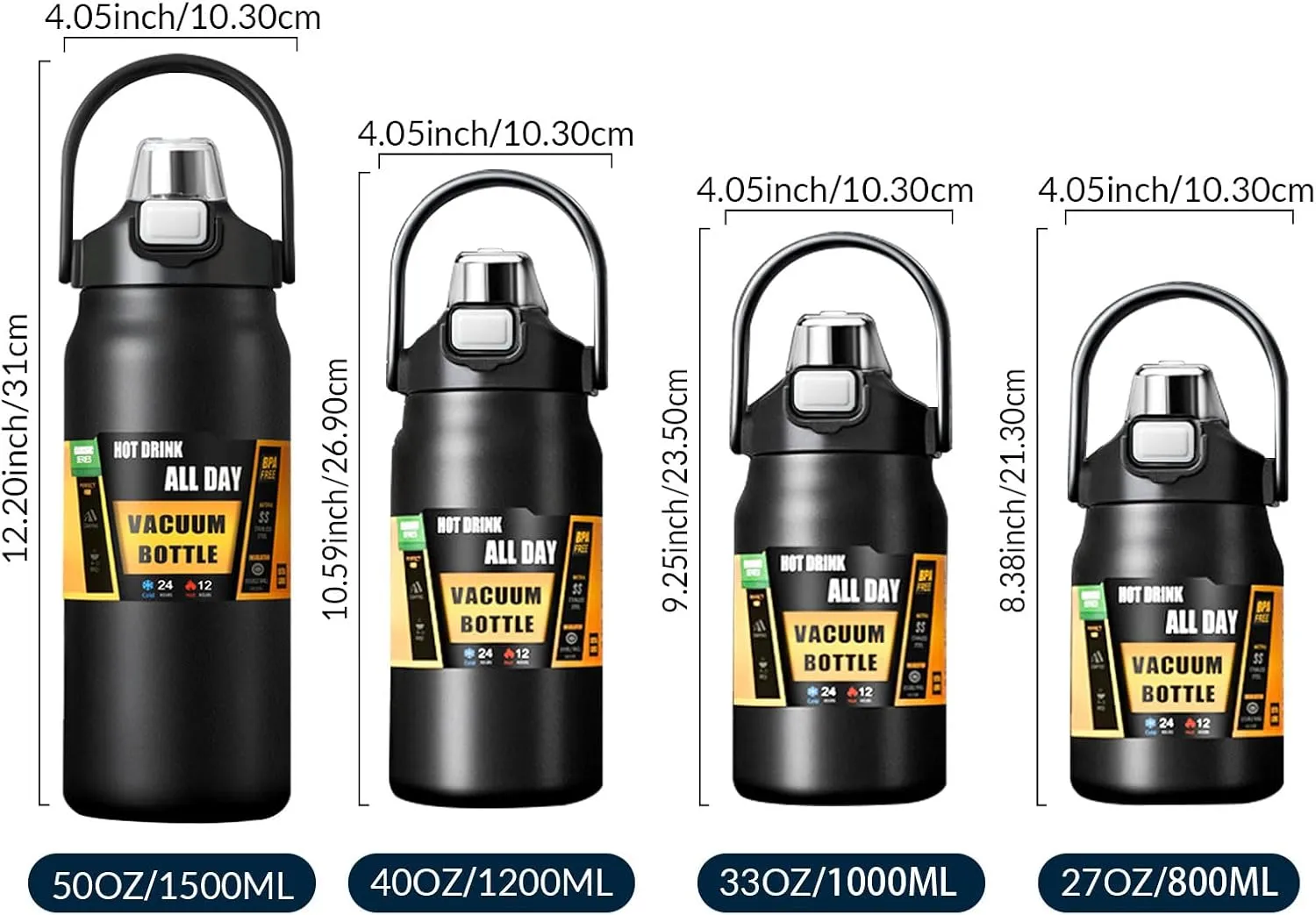 50oz /1500ml Insulated Water Bottle With Straw and Leakproof Lid, BPA Free Stainless Steel Wide Mouth Sports Water Bottle Cup With Portable Handle Double Wall Vacuum Keep Cold and Hot (black)