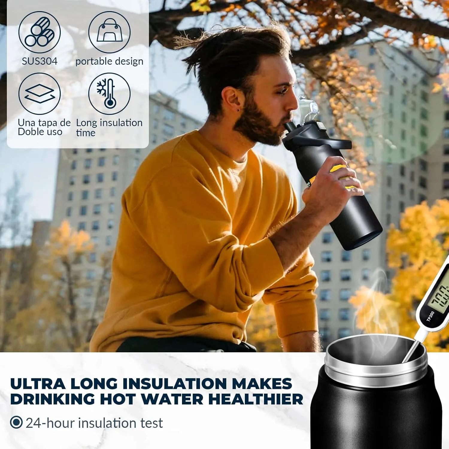 50oz /1500ml Insulated Water Bottle With Straw and Leakproof Lid, BPA Free Stainless Steel Wide Mouth Sports Water Bottle Cup With Portable Handle Double Wall Vacuum Keep Cold and Hot (black)
