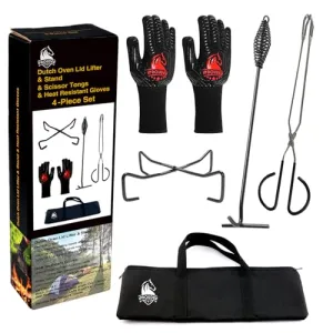 5n1 Dutch Oven Camping Accessories Kit-Campfire Cooking Equipment w/ Heat-Resistant Gloves