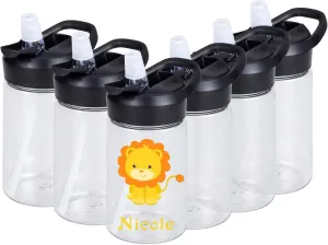 6 Pack Kids Water Bottles Bulk, 14oz Clear Water Bottle with Dustproof Straw Lid & Handle, Plastic, Leak Proof, Lightweight for Boys Girls to School Sports Travel Camping, Personalized DIY Gift