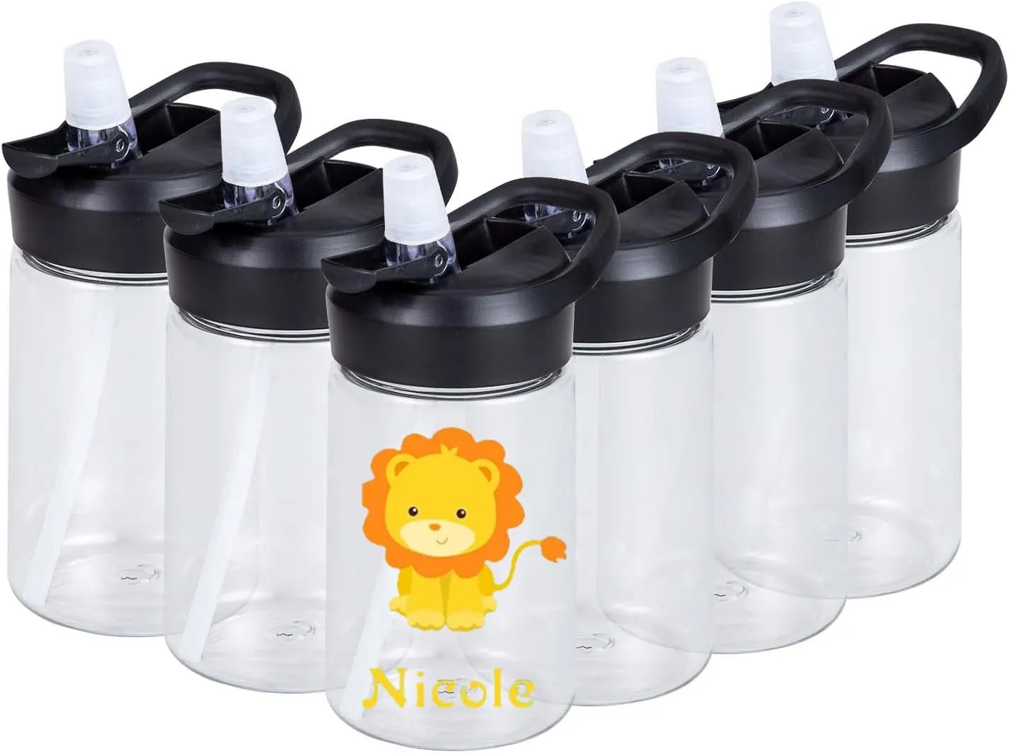 6 Pack Kids Water Bottles Bulk, 14oz Clear Water Bottle with Dustproof Straw Lid & Handle, Plastic, Leak Proof, Lightweight for Boys Girls to School Sports Travel Camping, Personalized DIY Gift
