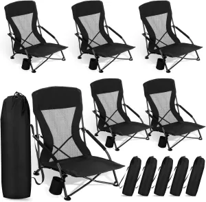 6 Packs Low Beach Chairs Portable Folding Low Back Camping Chair for Adults with Cup Holder Carry Bag Lightweight for Outdoor Sand Lawn Travel Concert (Black)