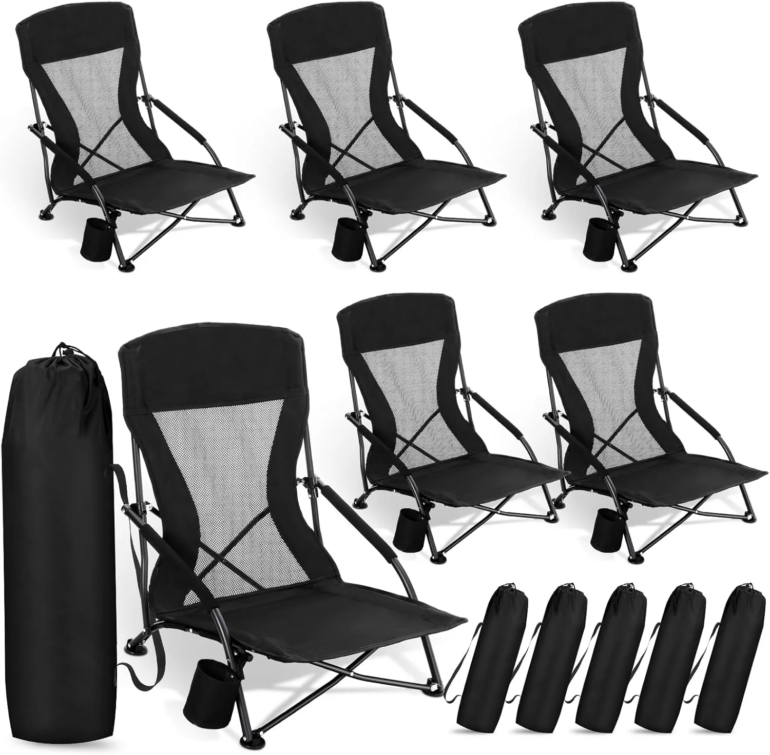 6 Packs Low Beach Chairs Portable Folding Low Back Camping Chair for Adults with Cup Holder Carry Bag Lightweight for Outdoor Sand Lawn Travel Concert (Black)
