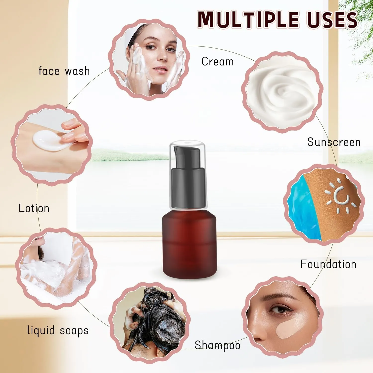 6 Pcs Empty Glass Pump Bottles Refillable Cream Lotion Bottles Travel Sample Bottles Cosmetic Dispenser Bottles Containers for Lotion Cream Emulsion Essence (Red, 15ml/0.5oz)