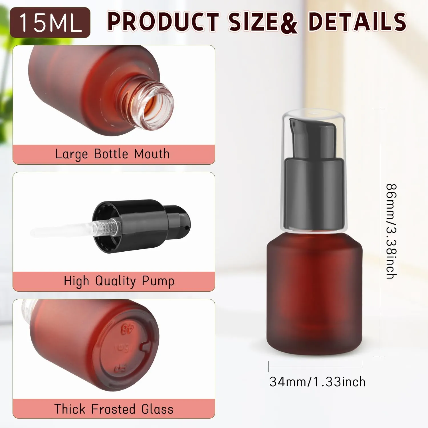 6 Pcs Empty Glass Pump Bottles Refillable Cream Lotion Bottles Travel Sample Bottles Cosmetic Dispenser Bottles Containers for Lotion Cream Emulsion Essence (Red, 15ml/0.5oz)