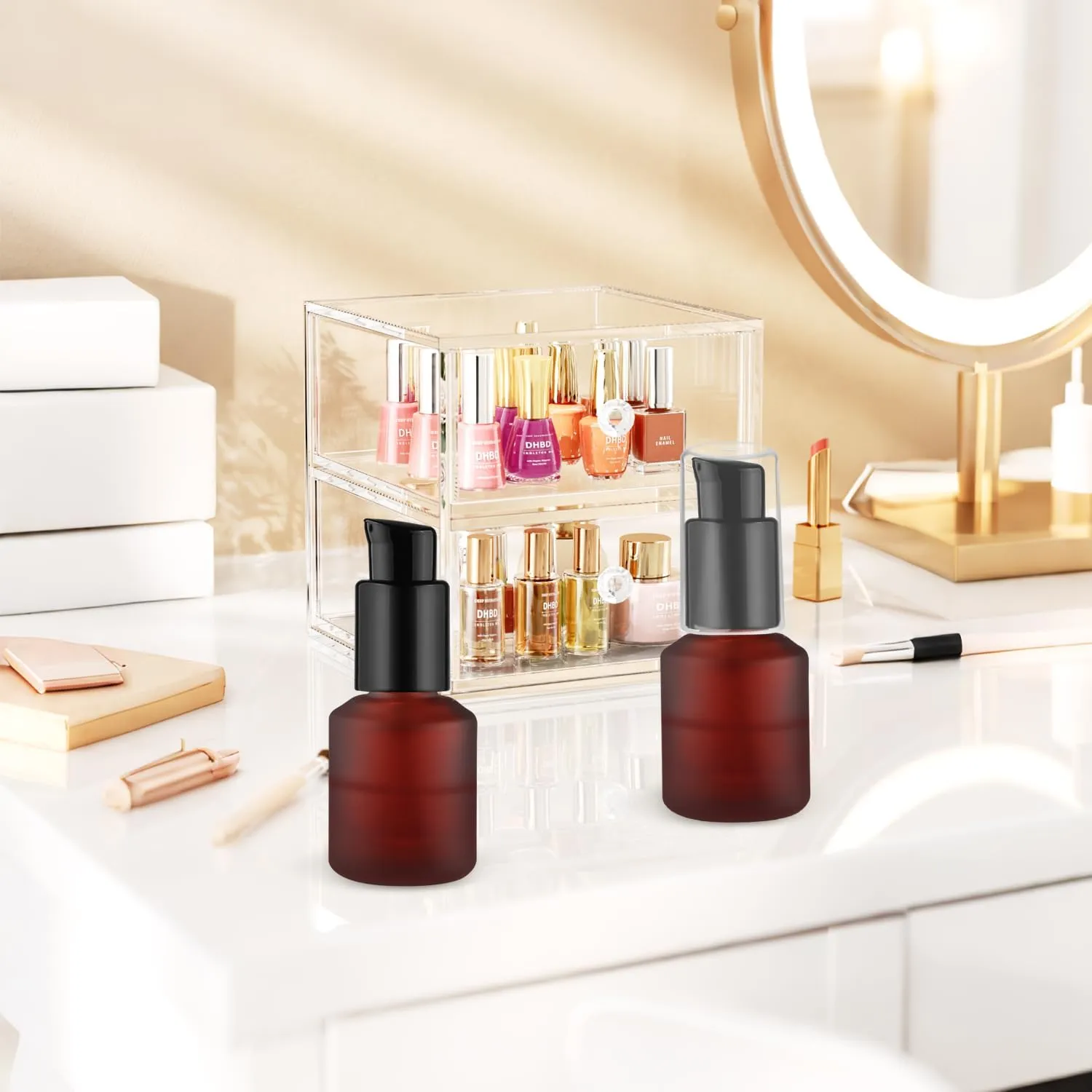 6 Pcs Empty Glass Pump Bottles Refillable Cream Lotion Bottles Travel Sample Bottles Cosmetic Dispenser Bottles Containers for Lotion Cream Emulsion Essence (Red, 15ml/0.5oz)
