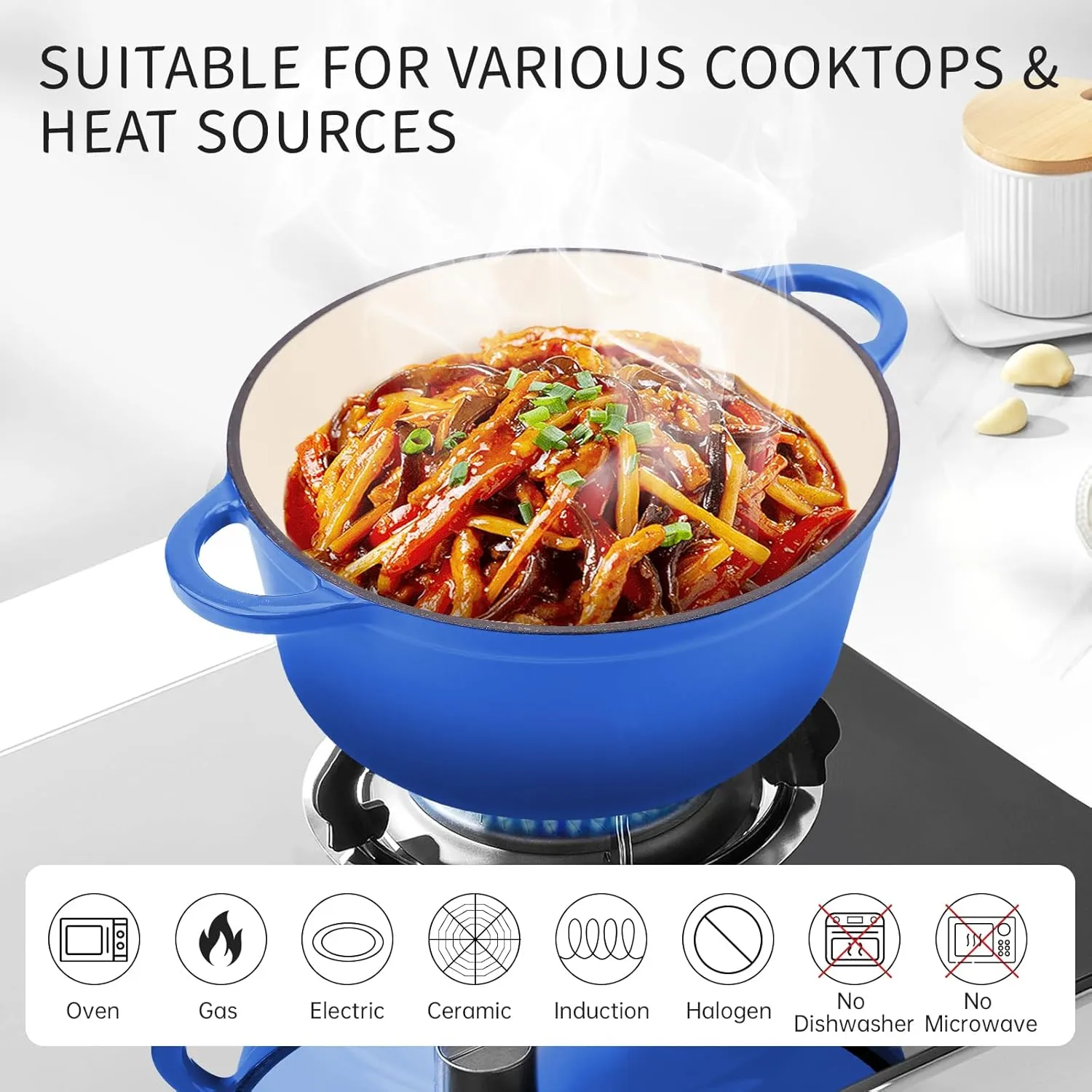 6 Quart Enameled Cast Iron Dutch Oven Pot with Lid, Oven Safe up to 500°F or on Stovetop, Non-stick Dutch Oven for Bread Baking, Cooking, Dual Handles Cookware, Cobalt Blue