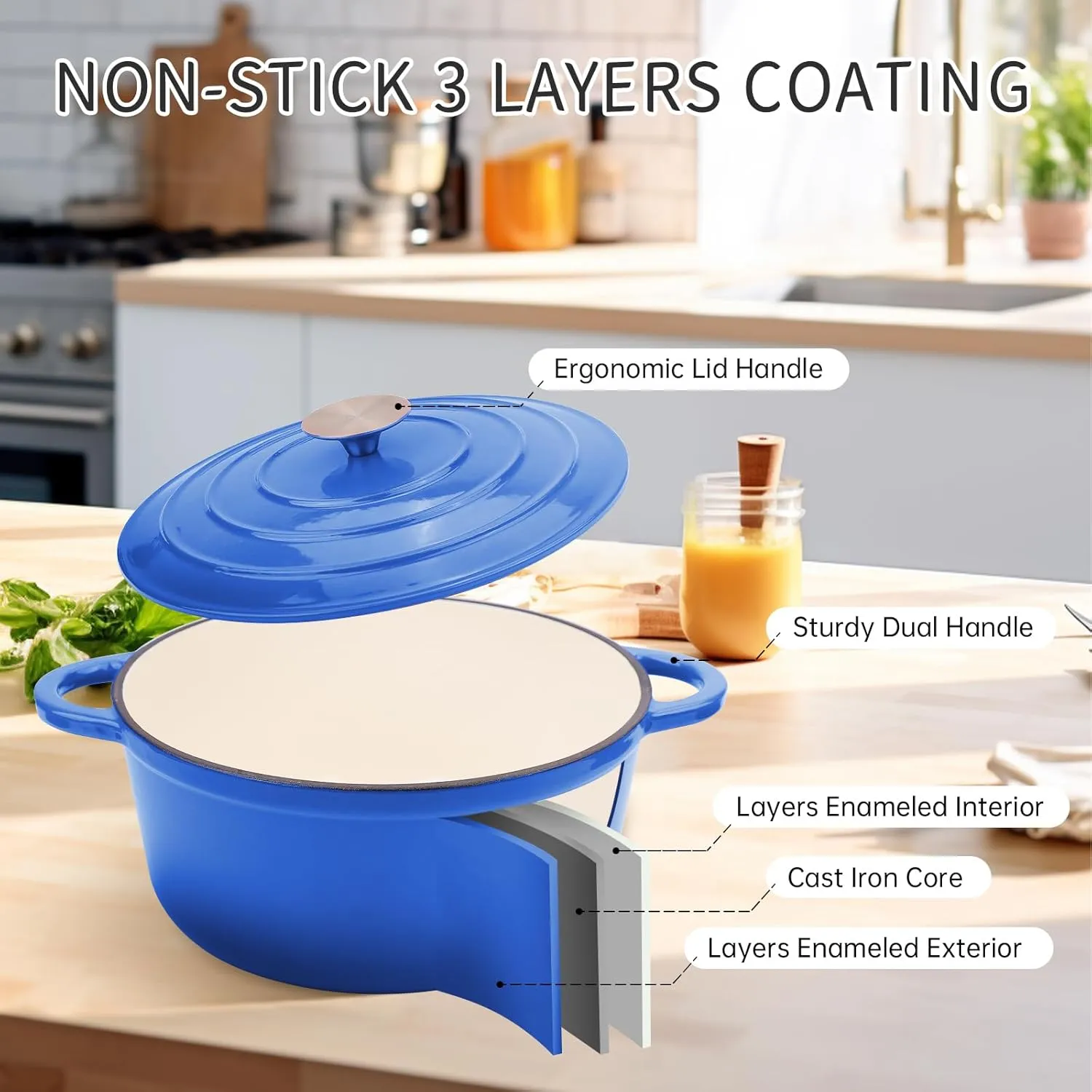 6 Quart Enameled Cast Iron Dutch Oven Pot with Lid, Oven Safe up to 500°F or on Stovetop, Non-stick Dutch Oven for Bread Baking, Cooking, Dual Handles Cookware, Cobalt Blue