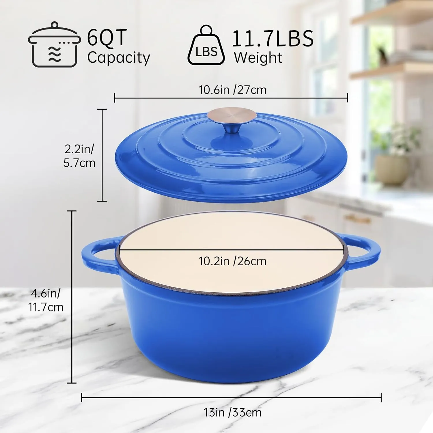 6 Quart Enameled Cast Iron Dutch Oven Pot with Lid, Oven Safe up to 500°F or on Stovetop, Non-stick Dutch Oven for Bread Baking, Cooking, Dual Handles Cookware, Cobalt Blue