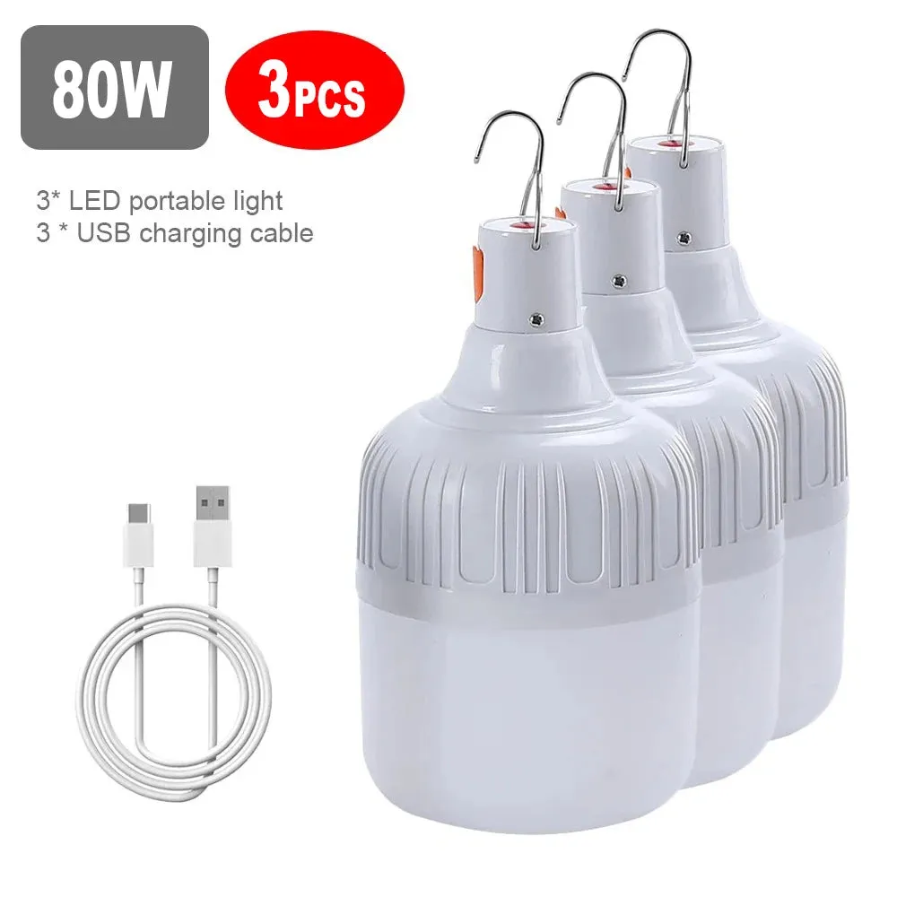 60W 80W LED Camping Light USB Rechargeable Emergency Lantern Outdoor Portable Hook BBQ Tent Battery Bulb